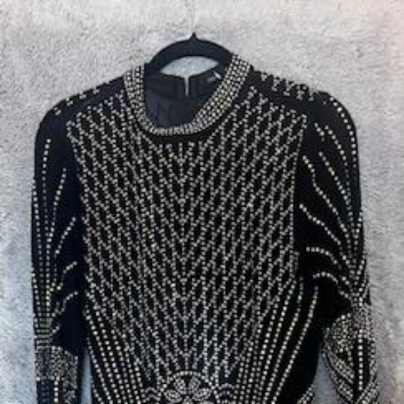 Black sequin,sheer sleeve, mini bodycon dress - Picture 3 of 3